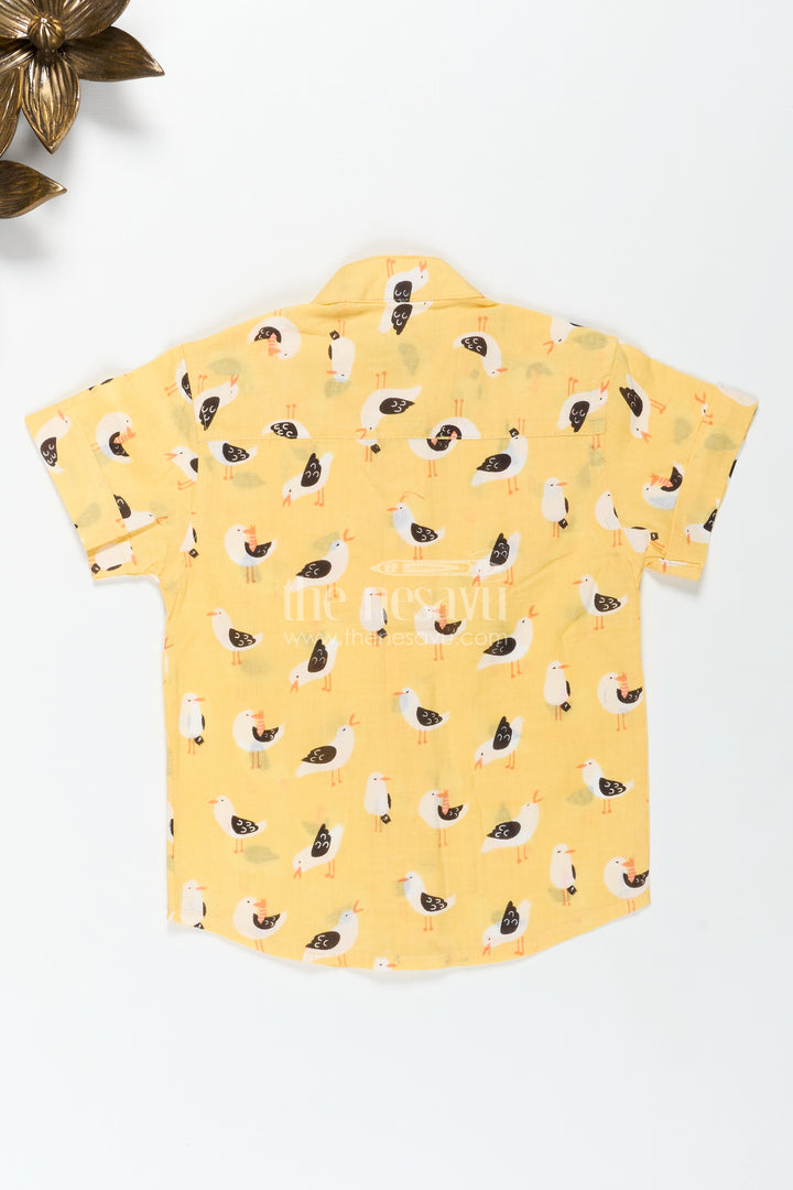 Yellow Bird Print Boys Cotton Shirt With Mandarin Collar Lightweight & Stylish