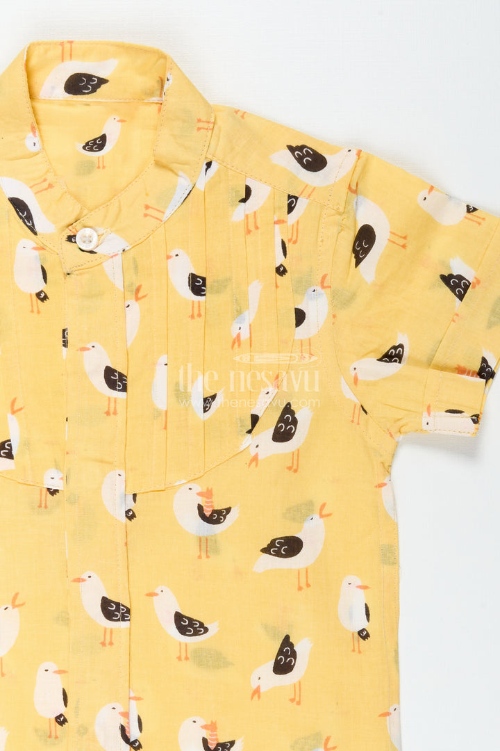 Yellow Bird Print Boys Cotton Shirt With Mandarin Collar Lightweight & Stylish