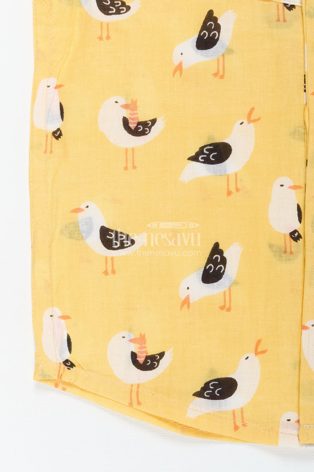 Yellow Bird Print Boys Cotton Shirt With Mandarin Collar Lightweight & Stylish