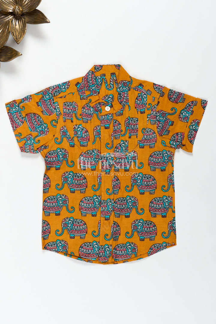 Elephant Motif Cotton Shirt For Boys Rich Mustard With Traditional Art Style