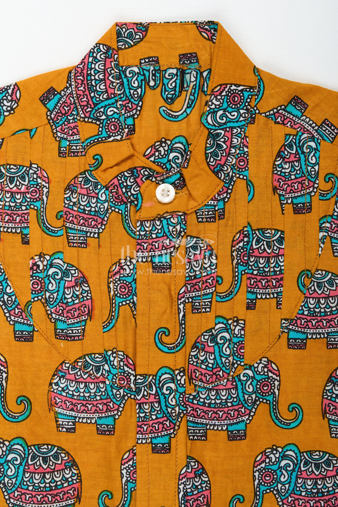 Elephant Motif Cotton Shirt For Boys Rich Mustard With Traditional Art Style