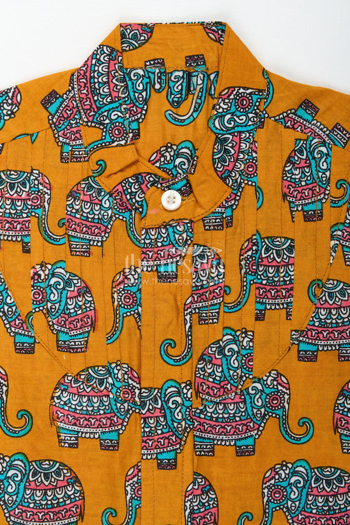 Elephant Motif Cotton Shirt For Boys Rich Mustard With Traditional Art Style