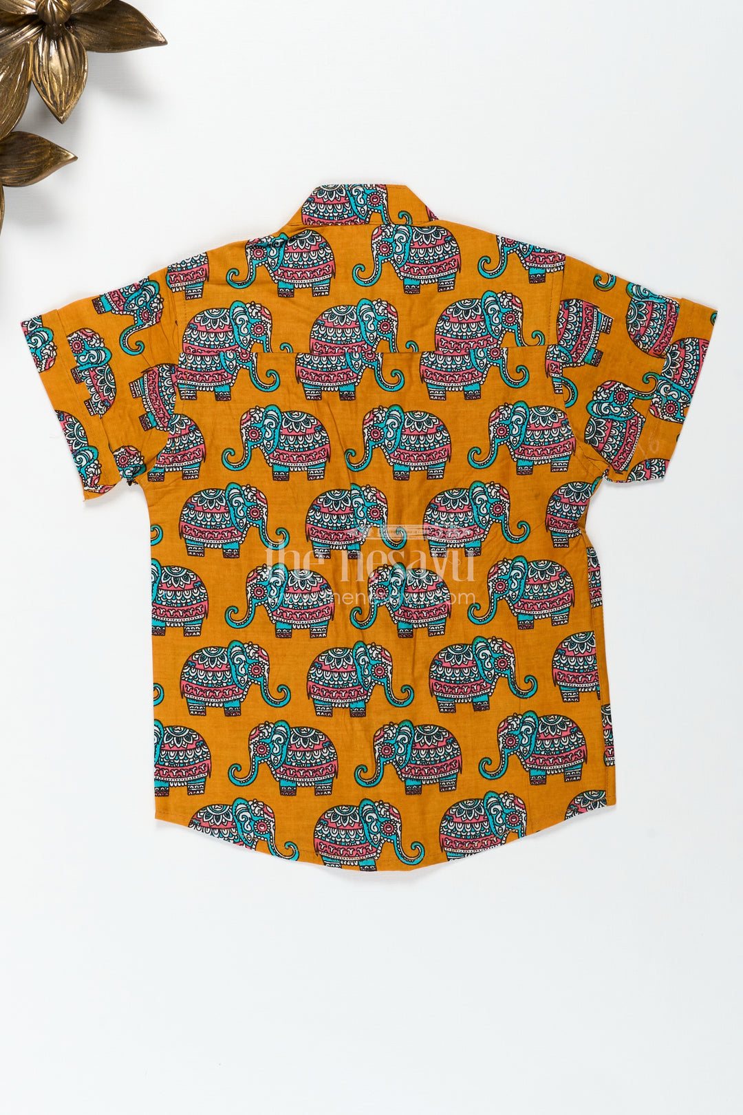 Elephant Motif Cotton Shirt For Boys Rich Mustard With Traditional Art Style