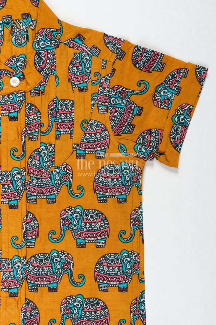Elephant Motif Cotton Shirt For Boys Rich Mustard With Traditional Art Style