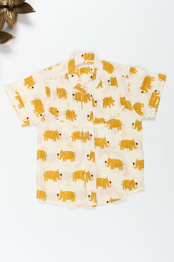 Boys Elephant Print Cotton Shirt In Mustard Lightweight Summer Wear