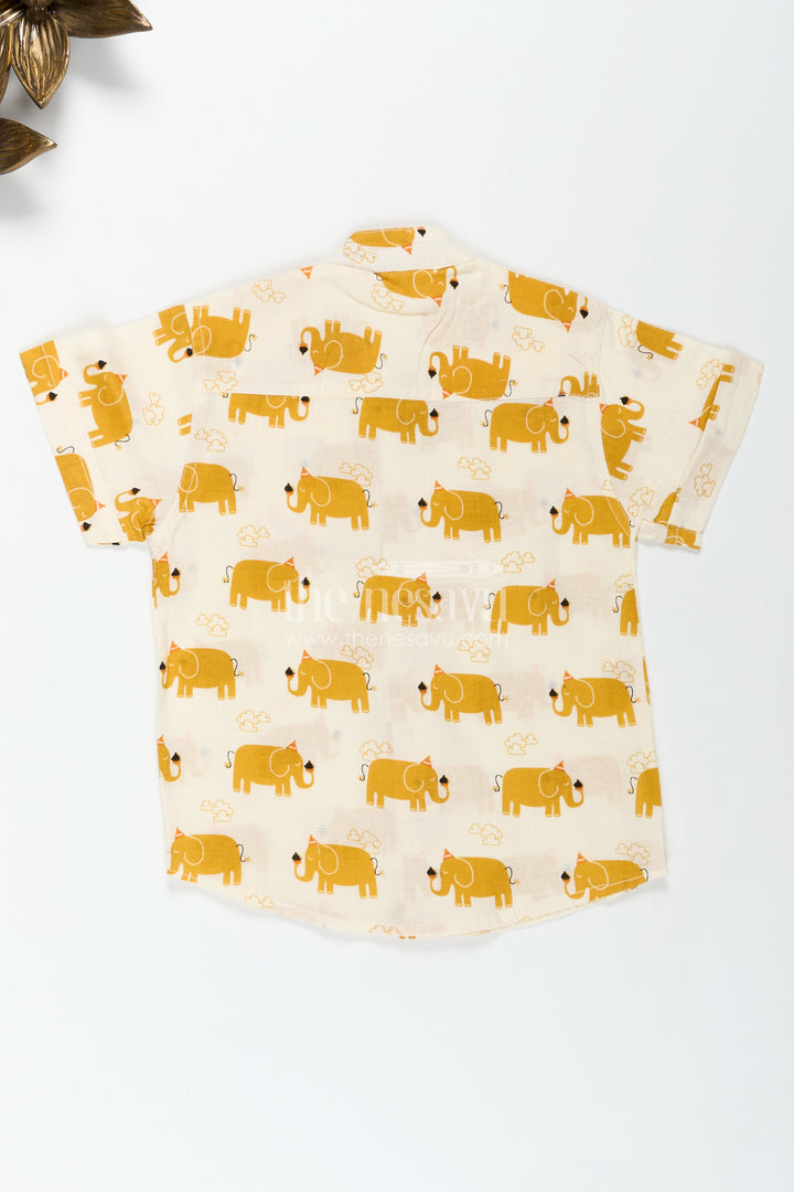 Boys Elephant Print Cotton Shirt In Mustard Lightweight Summer Wear