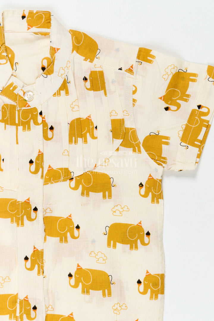 Boys Elephant Print Cotton Shirt In Mustard Lightweight Summer Wear