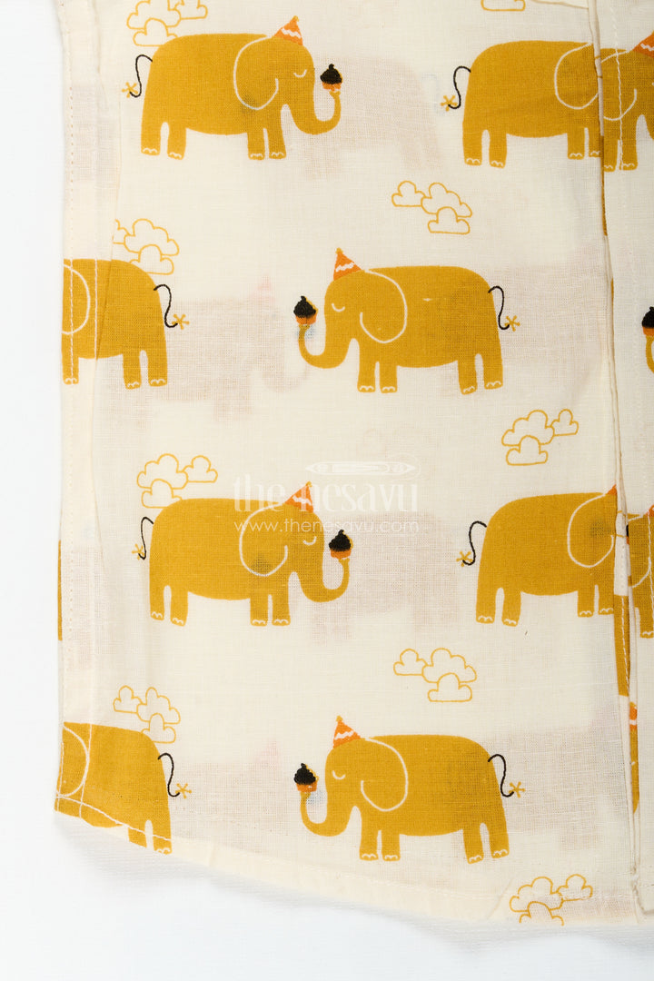 Boys Elephant Print Cotton Shirt In Mustard Lightweight Summer Wear