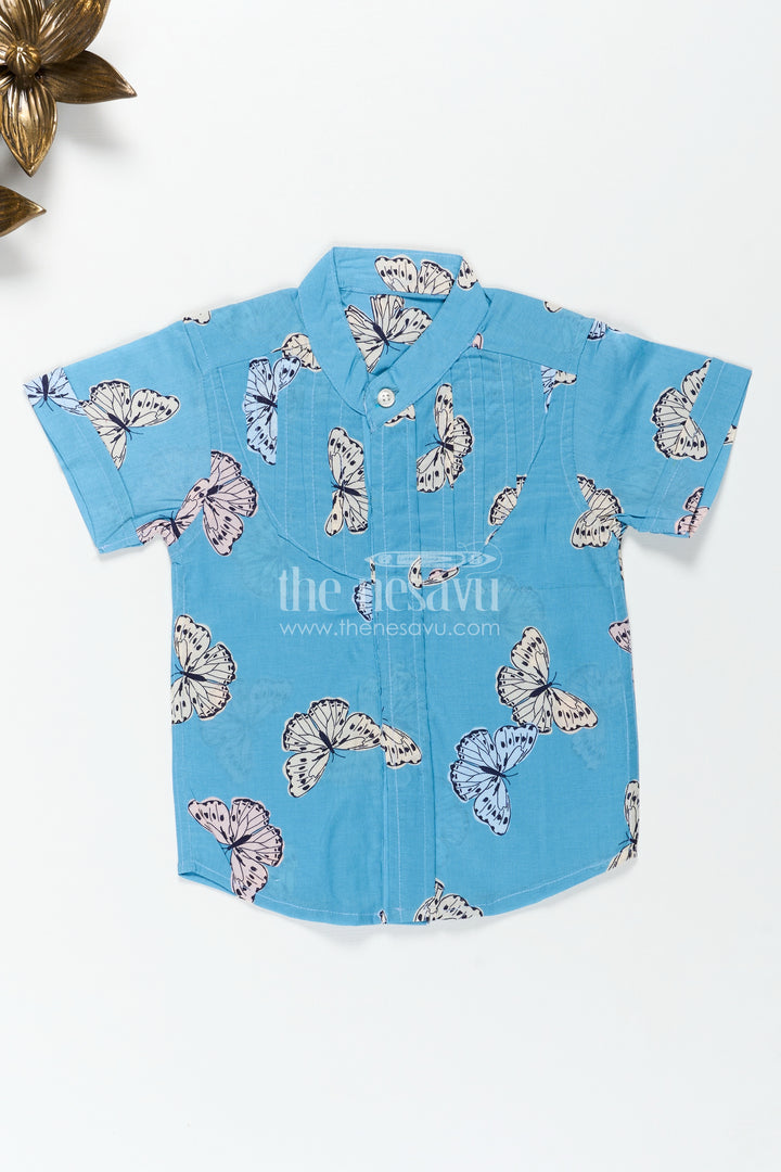 Boys Butterfly Print Summer Cotton Shirt In Soft Blue Nature Theme Design