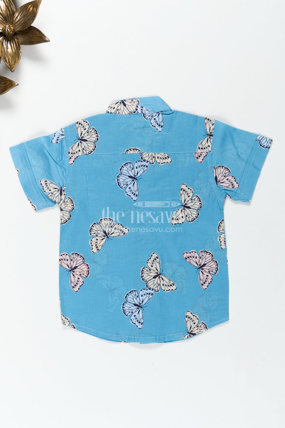 Boys Butterfly Print Summer Cotton Shirt In Soft Blue Nature Theme Design