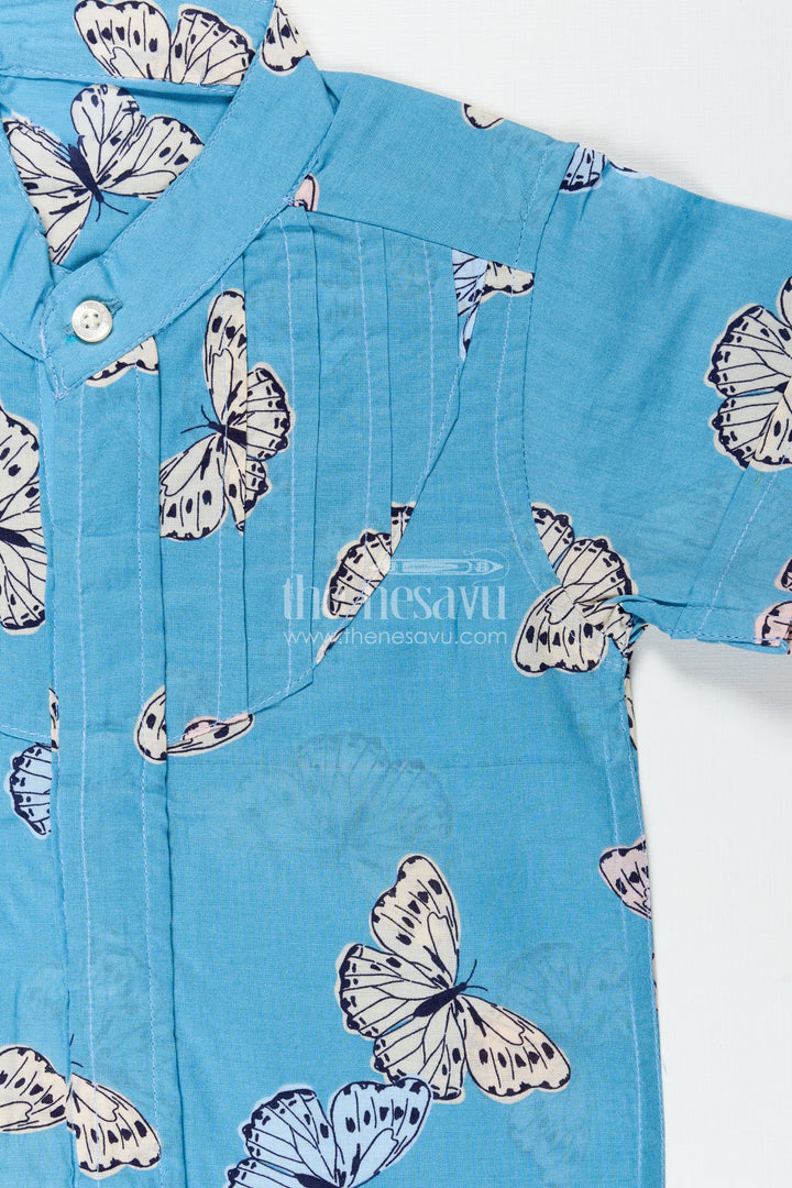 Boys Butterfly Print Summer Cotton Shirt In Soft Blue Nature Theme Design
