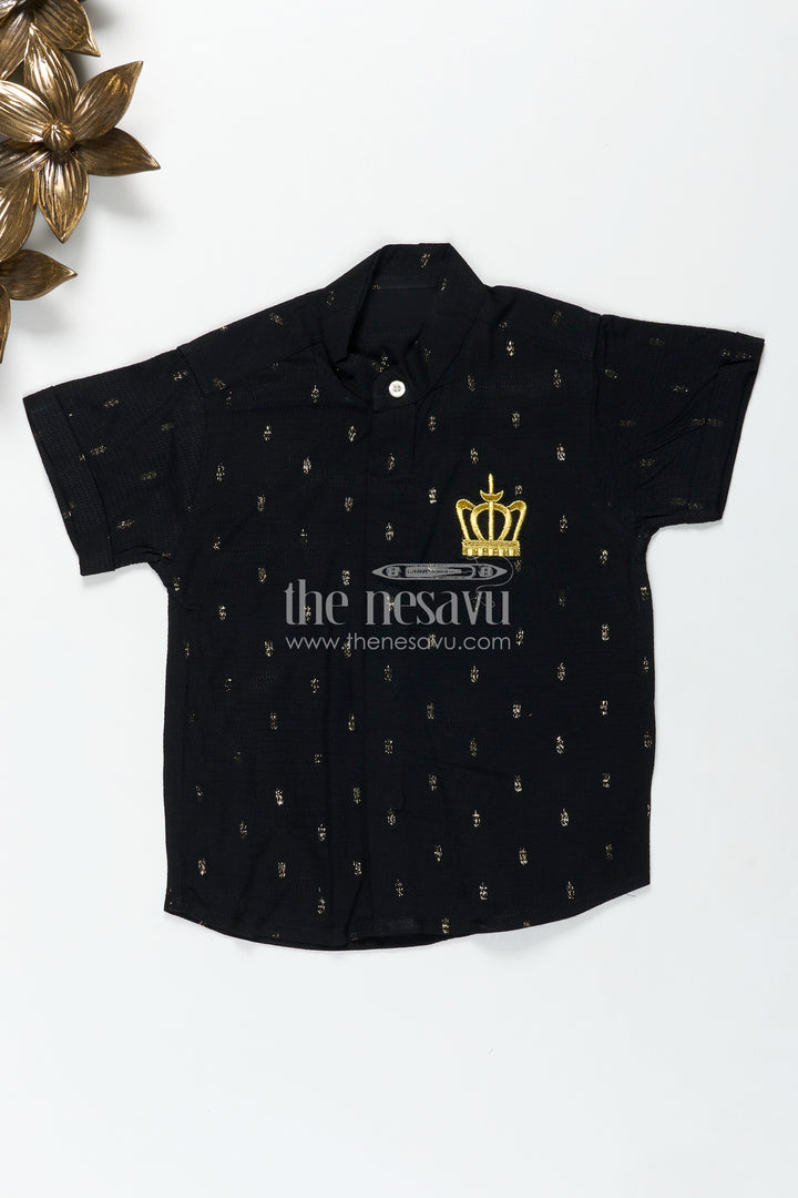 Kids Black Cotton Shirt with Crown Patch Embellishment in Semi Silk Blend for Stylish Young Boys