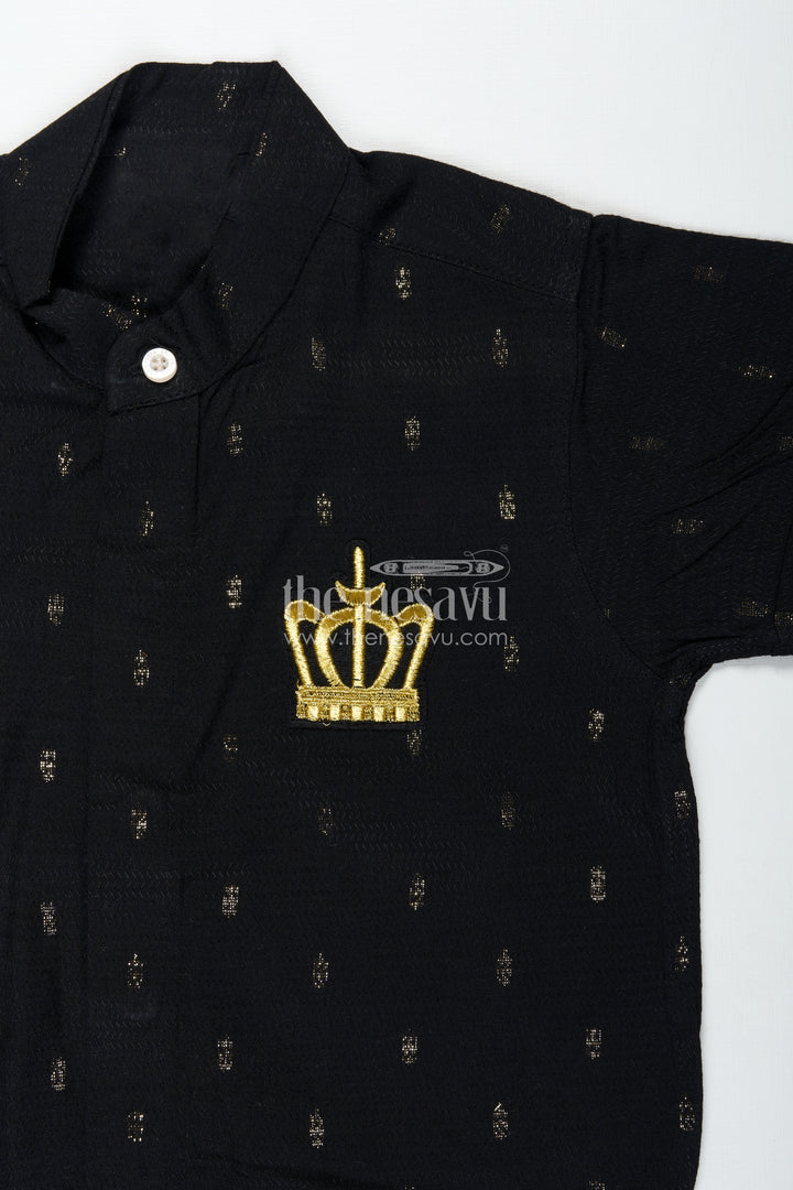 Kids Black Cotton Shirt with Crown Patch Embellishment in Semi Silk Blend for Stylish Young Boys