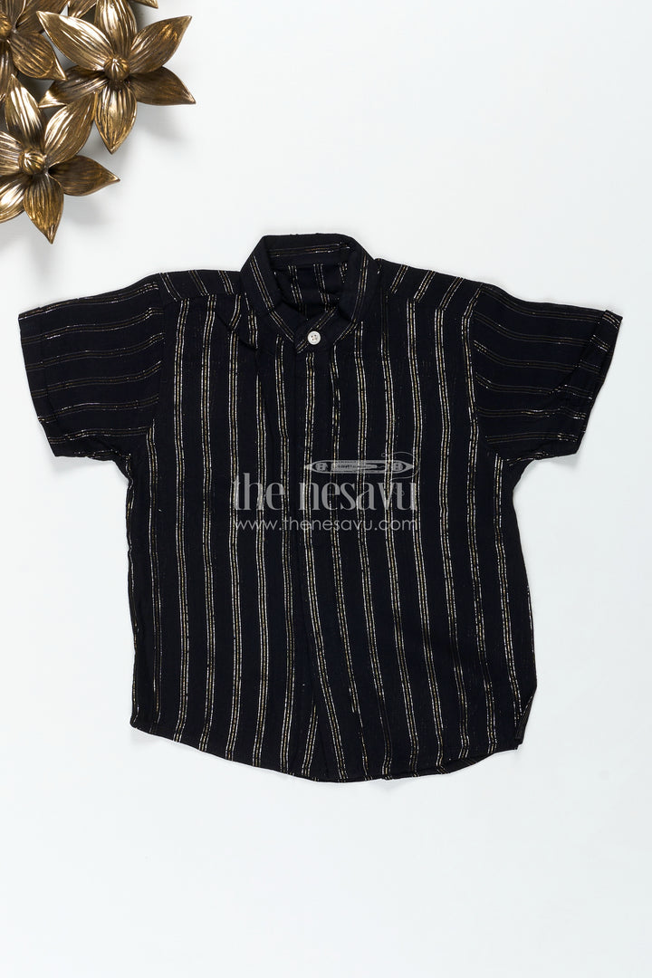 Striped Kidswear Shirt in Semi Silk Blend with Golden Vertical Lines and Bold Black Base