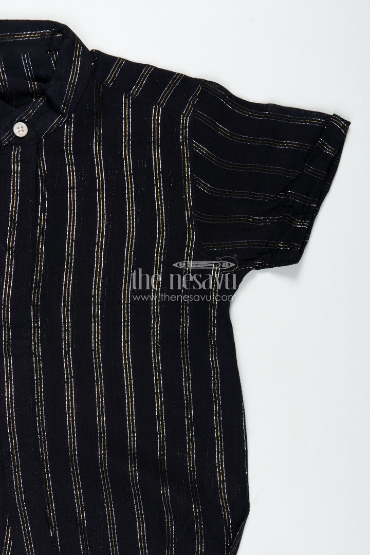 Striped Kidswear Shirt in Semi Silk Blend with Golden Vertical Lines and Bold Black Base