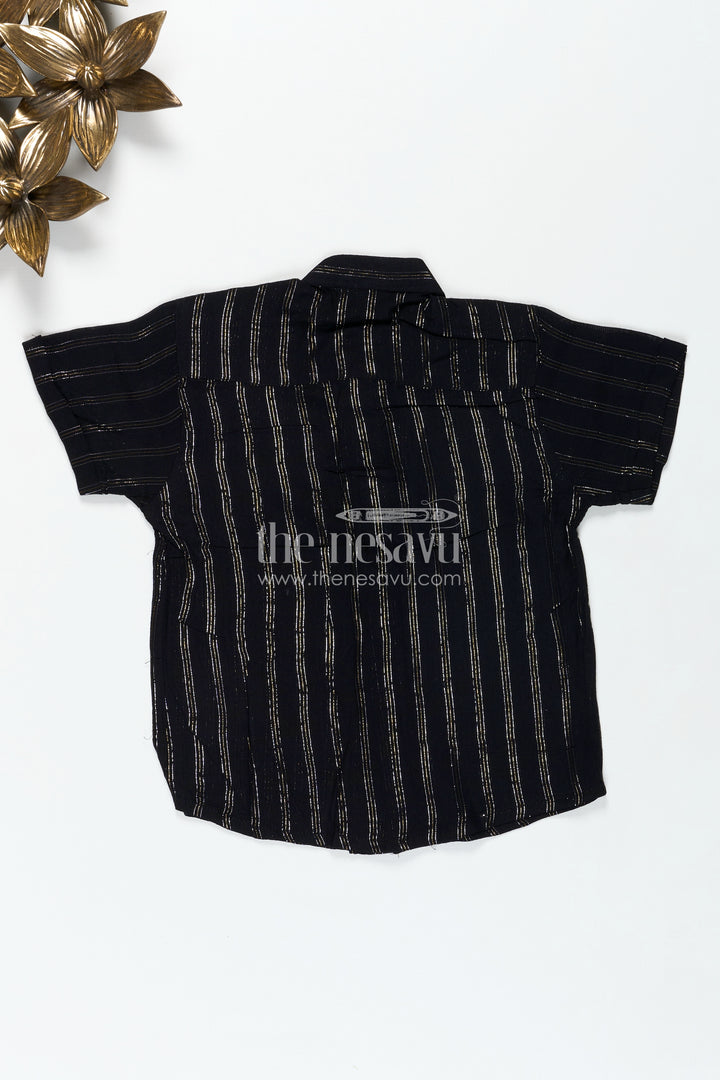 Striped Kidswear Shirt in Semi Silk Blend with Golden Vertical Lines and Bold Black Base