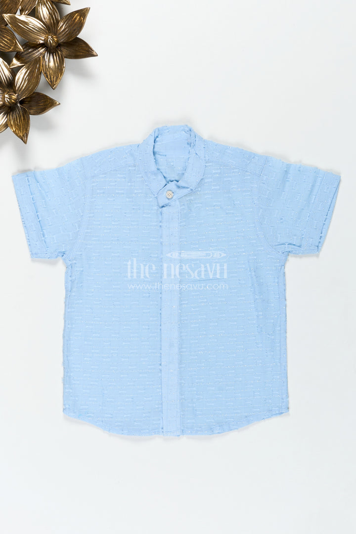 Pastel Blue Shirt for Kids in Designer Georgette with Subtle Textured Weave and Mandarin Collar