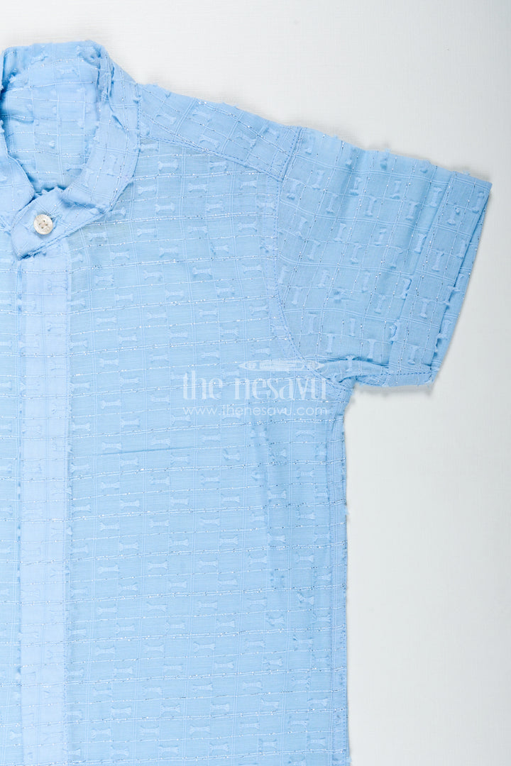 Pastel Blue Shirt for Kids in Designer Georgette with Subtle Textured Weave and Mandarin Collar