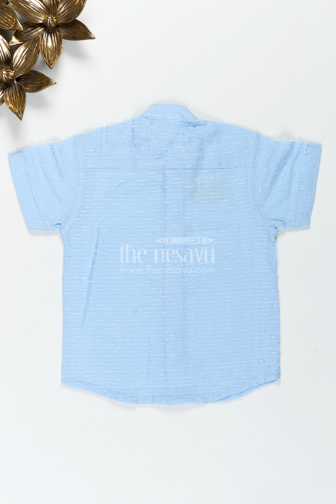 Pastel Blue Shirt for Kids in Designer Georgette with Subtle Textured Weave and Mandarin Collar