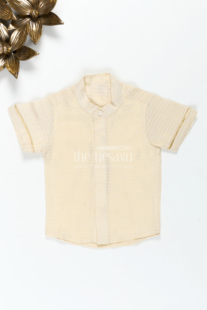 Cotton Festive Shirt for Boys in Gold Silk Blend with Mandarin Collar and Subtle Pattern Detail