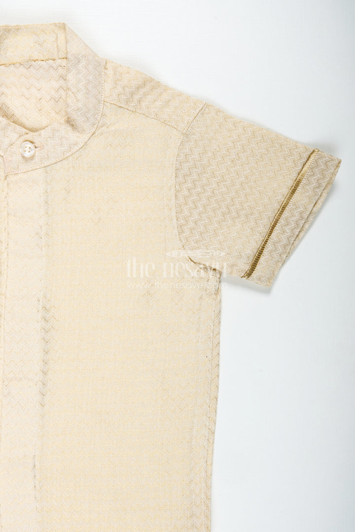 Cotton Festive Shirt for Boys in Gold Silk Blend with Mandarin Collar and Subtle Pattern Detail