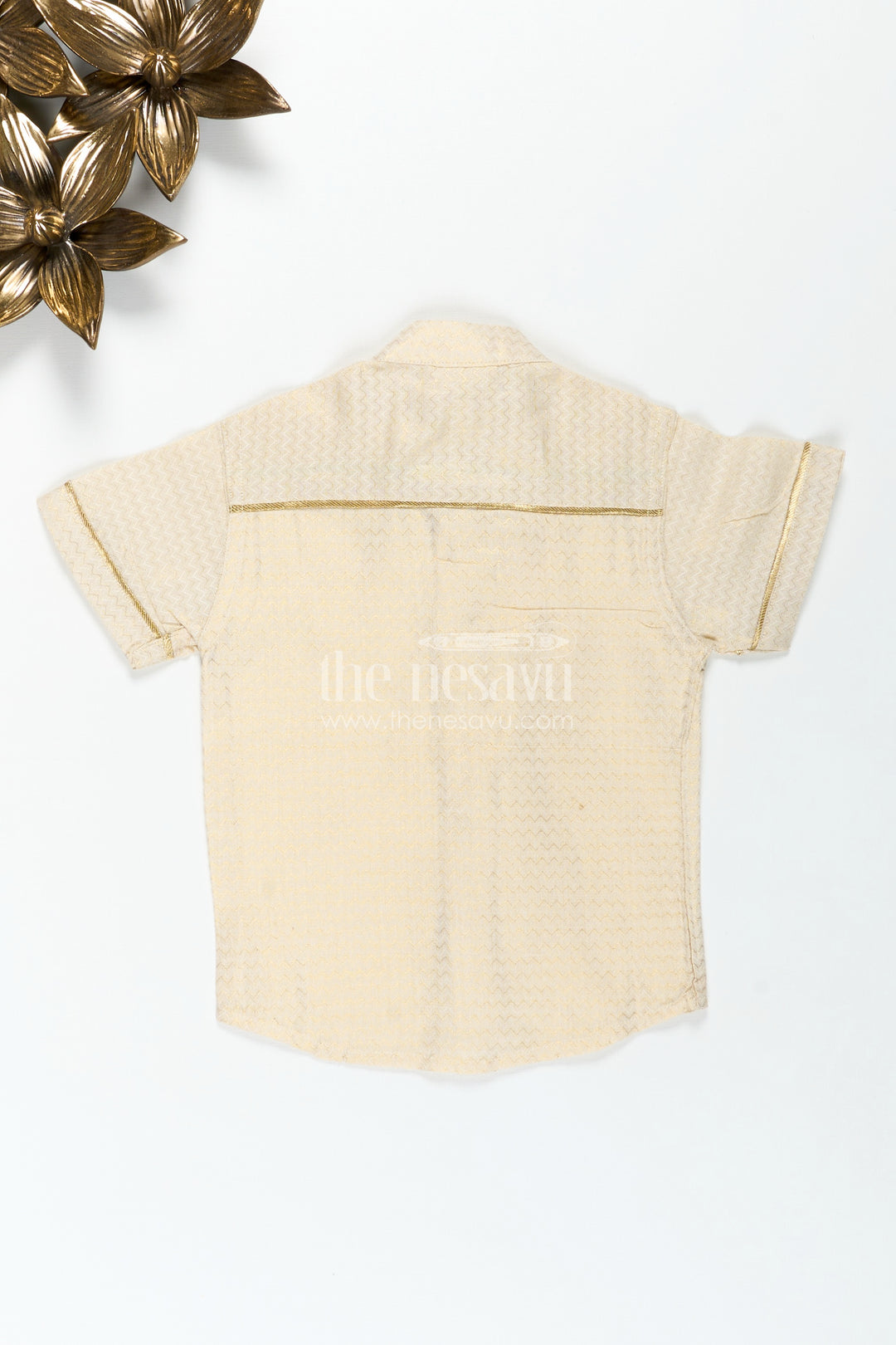 Cotton Festive Shirt for Boys in Gold Silk Blend with Mandarin Collar and Subtle Pattern Detail