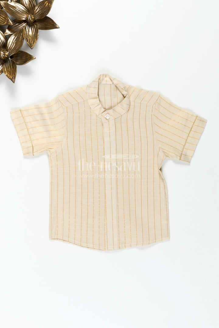 Traditional Cotton Shirt for Boys in Beige Silk Blend with Striped Gold Thread Weaving and Mandarin Collar