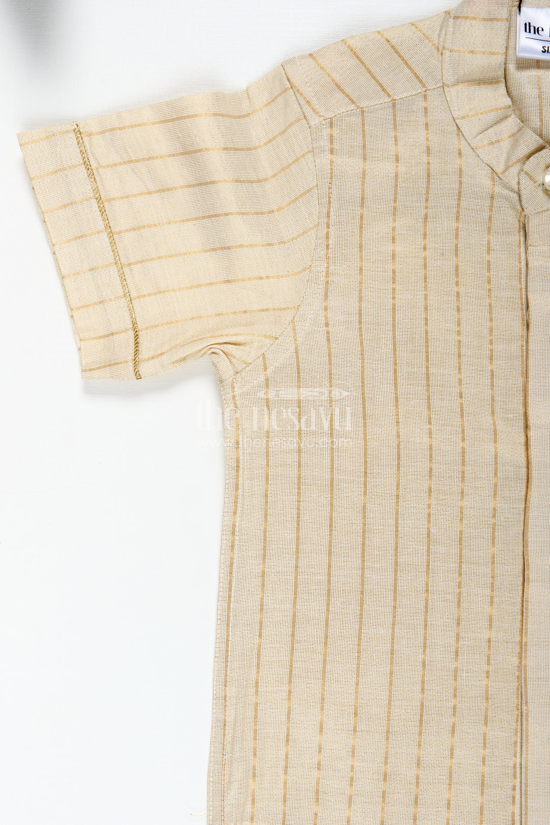 Traditional Cotton Shirt for Boys in Beige Silk Blend with Striped Gold Thread Weaving and Mandarin Collar