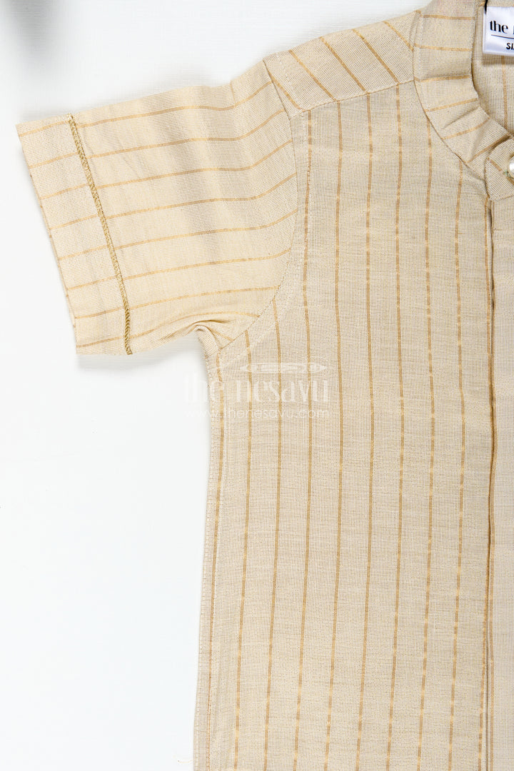 Traditional Cotton Shirt for Boys in Beige Silk Blend with Striped Gold Thread Weaving and Mandarin Collar