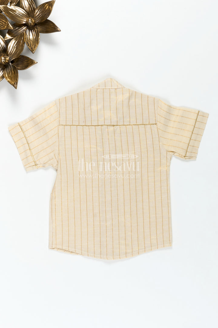 Traditional Cotton Shirt for Boys in Beige Silk Blend with Striped Gold Thread Weaving and Mandarin Collar