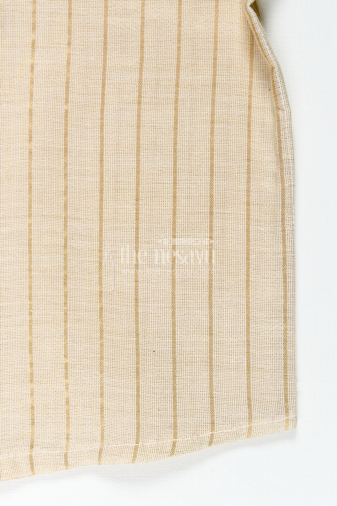 Traditional Cotton Shirt for Boys in Beige Silk Blend with Striped Gold Thread Weaving and Mandarin Collar