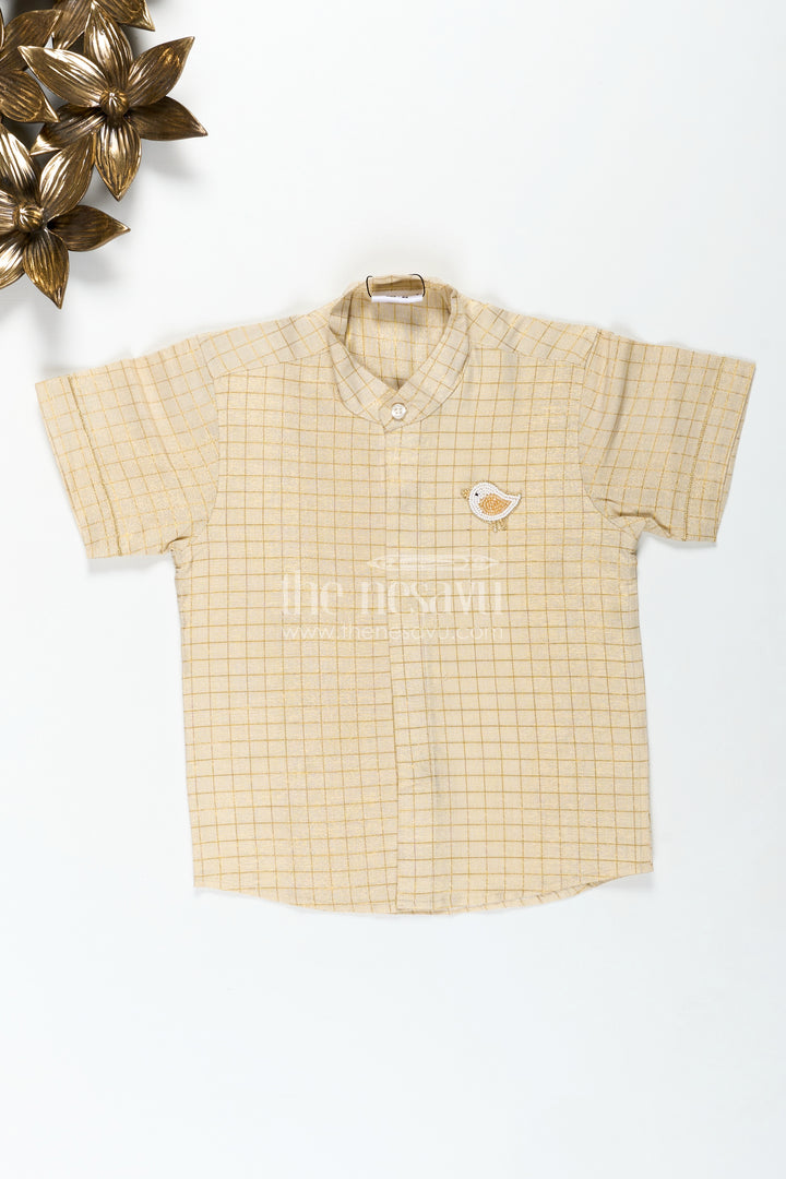 Boys Casual Wear Dres in Silk Blend with Checked Gold Thread Pattern and Decorative Leaf Embroidery