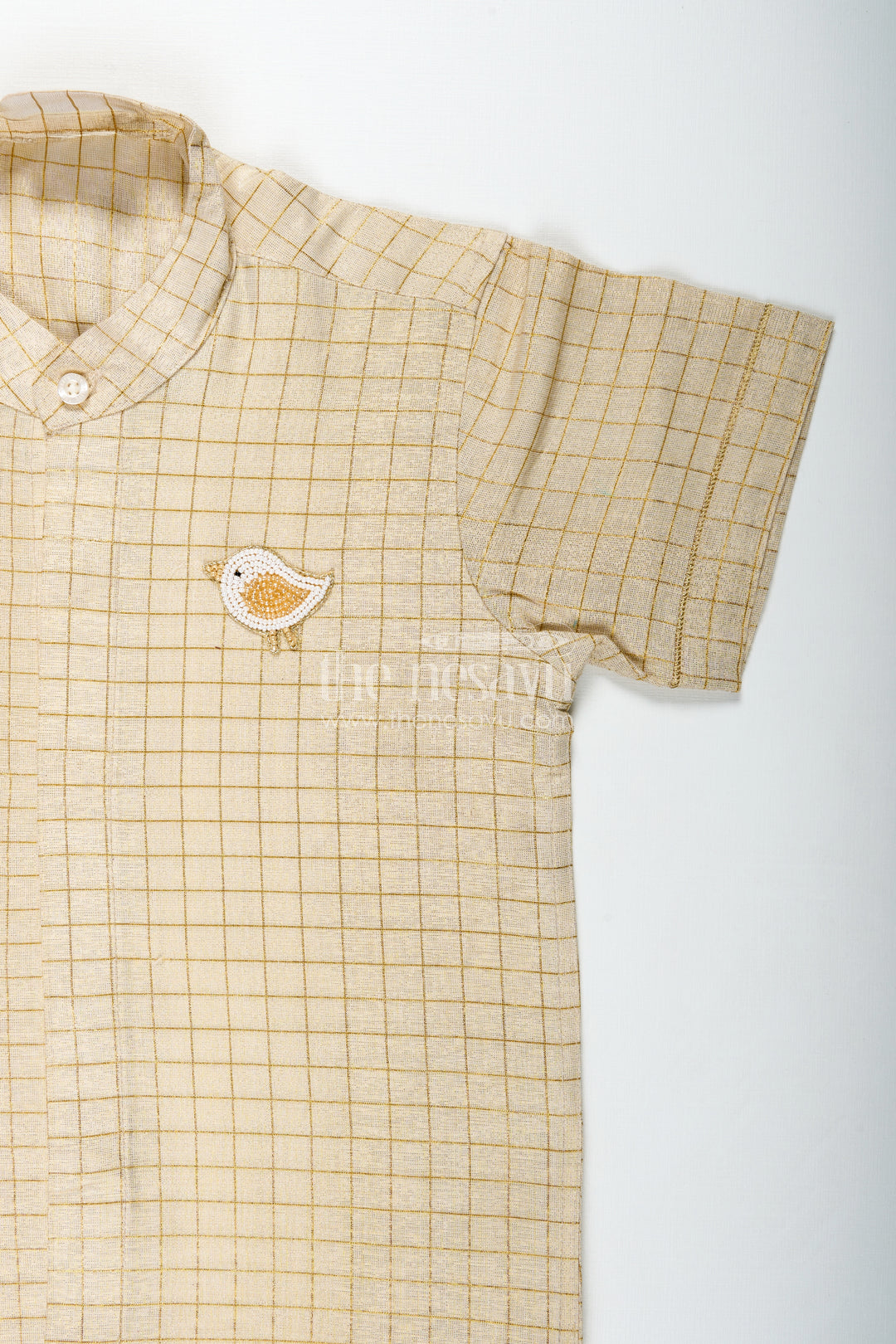 Boys Casual Wear Dres in Silk Blend with Checked Gold Thread Pattern and Decorative Leaf Embroidery