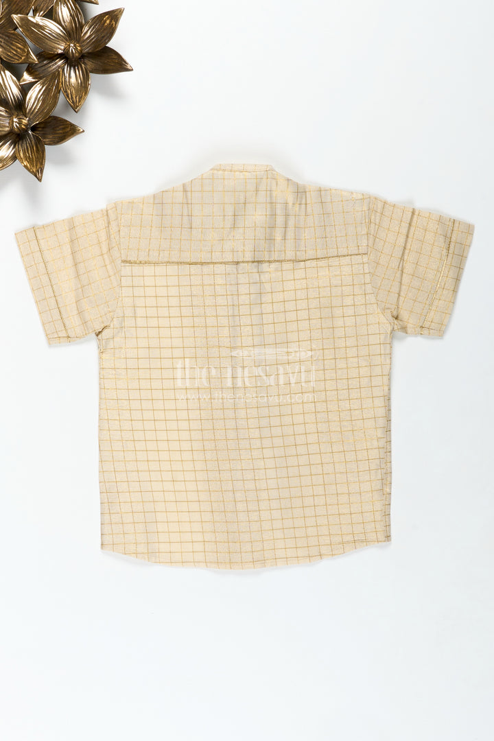 Boys Casual Wear Dres in Silk Blend with Checked Gold Thread Pattern and Decorative Leaf Embroidery