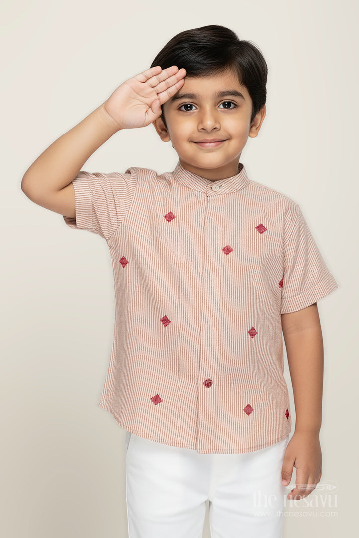 Beige Cotton Striped Shirt for Boys with Mandarin Collar Casual Ethnic Wear