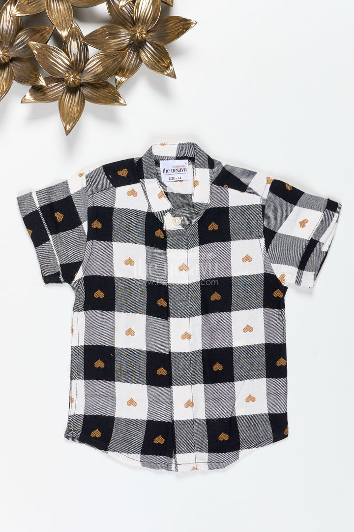Boys Black And White Checkered Shirt With Heart Motif For Outings And Casual Wear