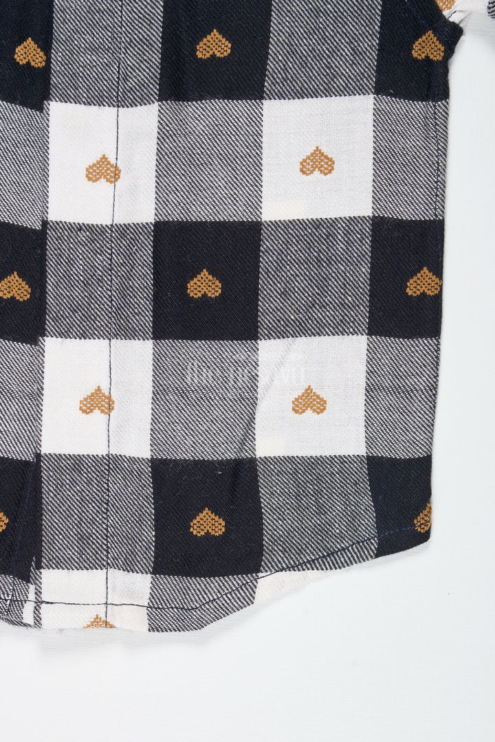 Boys Black And White Checkered Shirt With Heart Motif For Outings And Casual Wear
