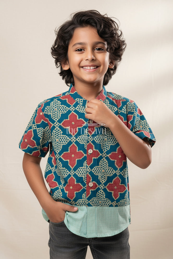 Boys Green Ethnic Print Shirt in Modal Silk for Traditional Outings