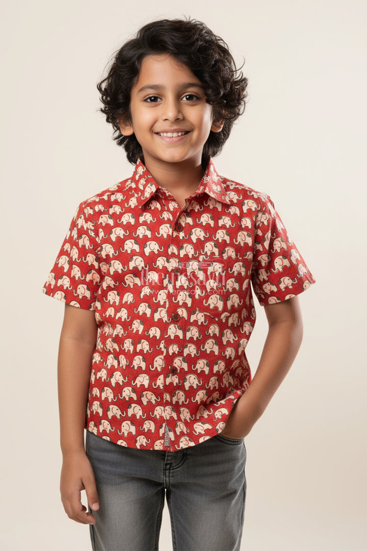 Boys Cotton Shirt with Red Elephant Print for Casual and Festive Wear