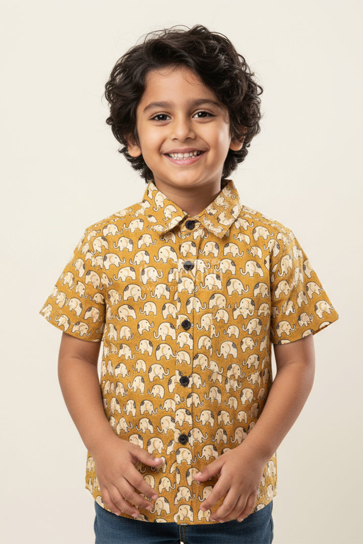 Boys Green Cotton Shirt with Elephant Print for Ethnic School Days