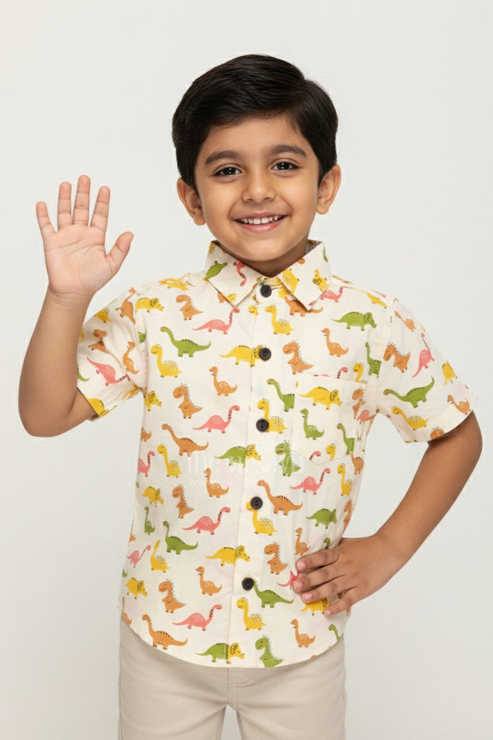 Boys Dinosaur Print Shirt in Earthy Tones for Birthday Parties