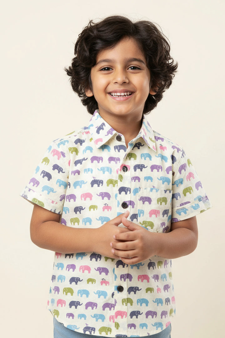 Boys Multicolor Elephant Cotton Shirt for Birthdays and Outings