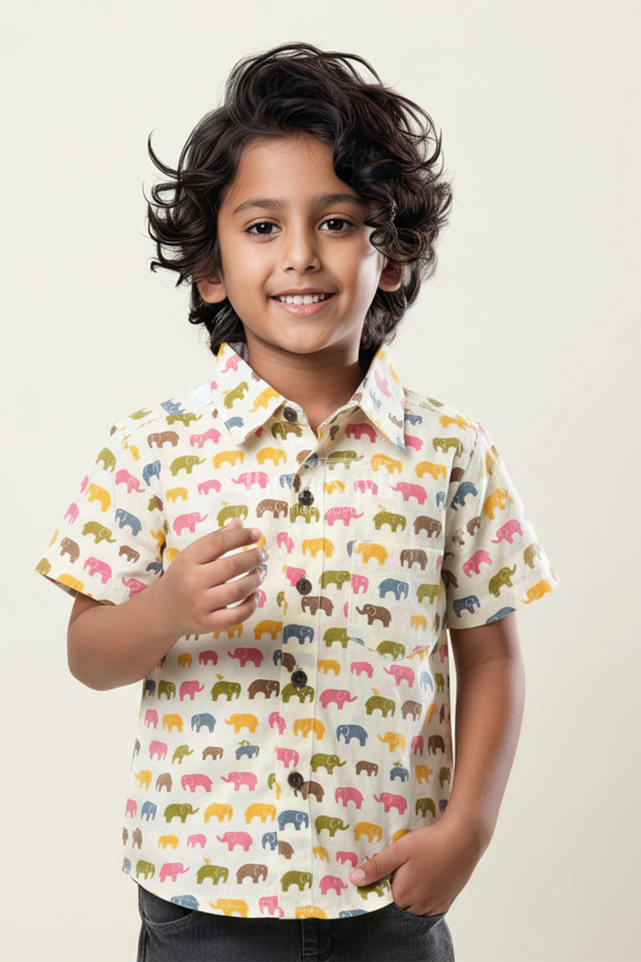Boys Cotton Shirt with Earthy Multicolor Elephant Print for Everyday Style