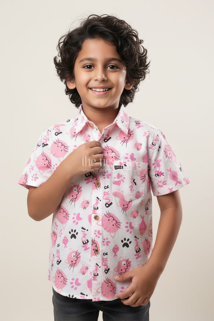 Boys Pink Cat Print Shirt for Birthdays and Playdates