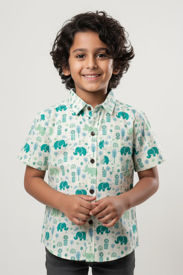 Boys Elephant Print Shirt in Teal Tones for Playful Ethnic Wear