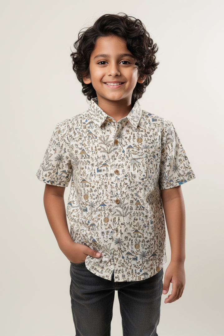 Boys Multicolor Village Scene Print Shirt for Cultural Events