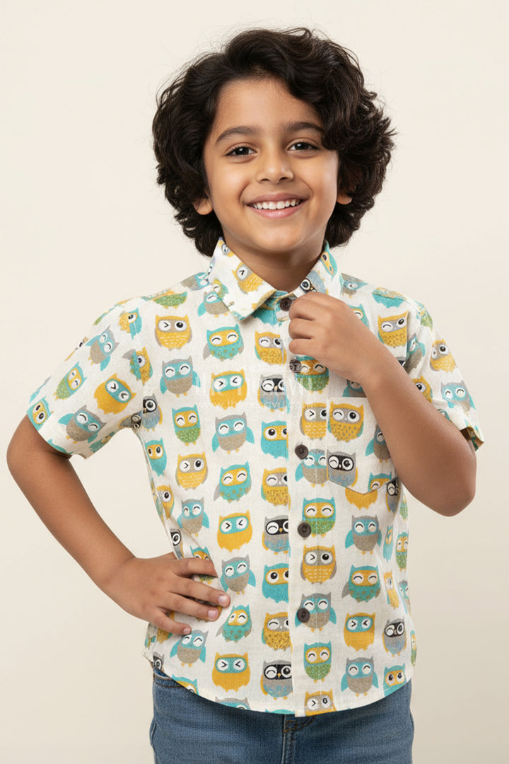 Boys Multicolor Owl Print Shirt for Playful Dressing and Casual Outings