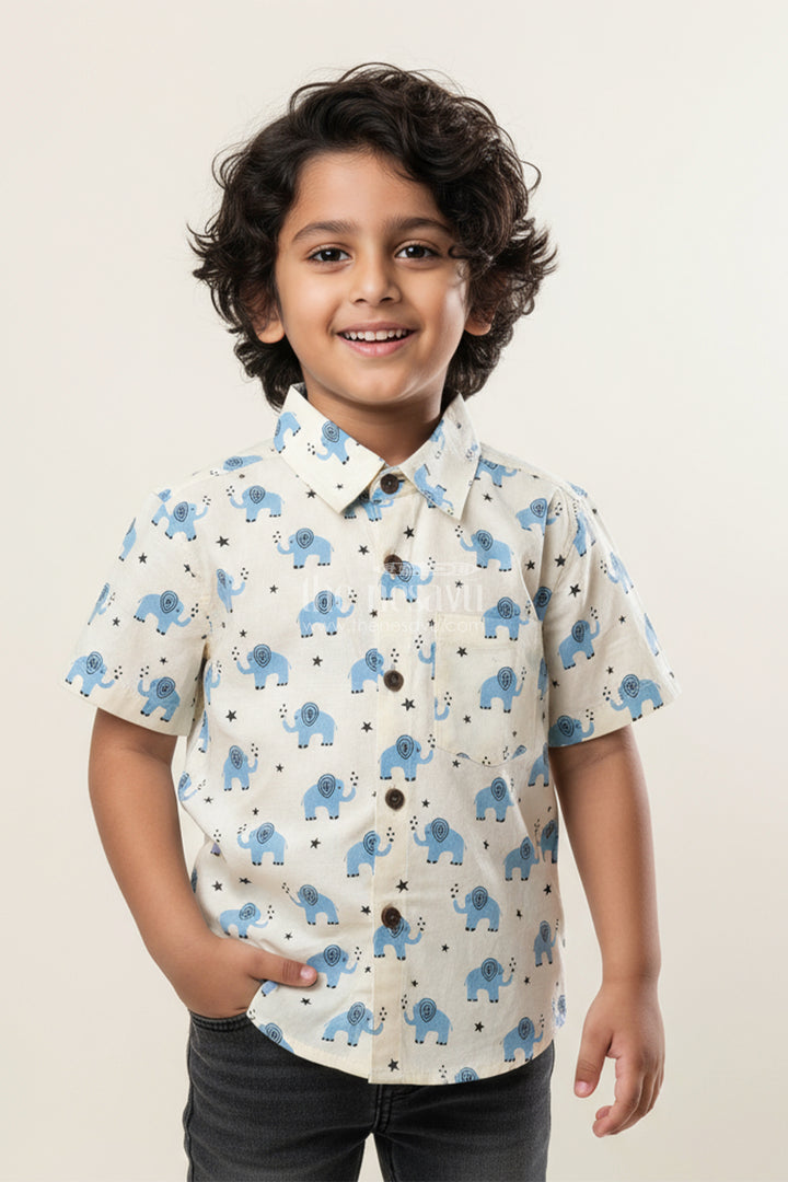 Boys Cotton Elephant Print Shirt in Blue for Festive and School Wear