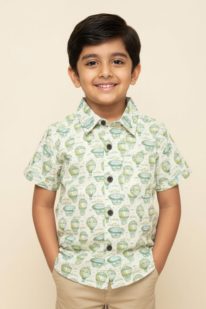 Boys Green Cotton Shirt with Balloon Print for Fun Outings and Festive Events