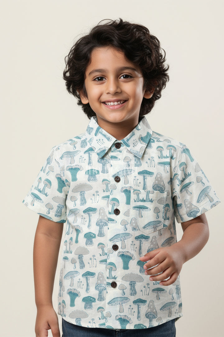 Boys Cotton Shirt with Mushroom Print for Curious Little Adventurers
